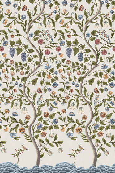 Swatch of the neutral mural tree wallpaper 'Mandalay - Ceviche'.